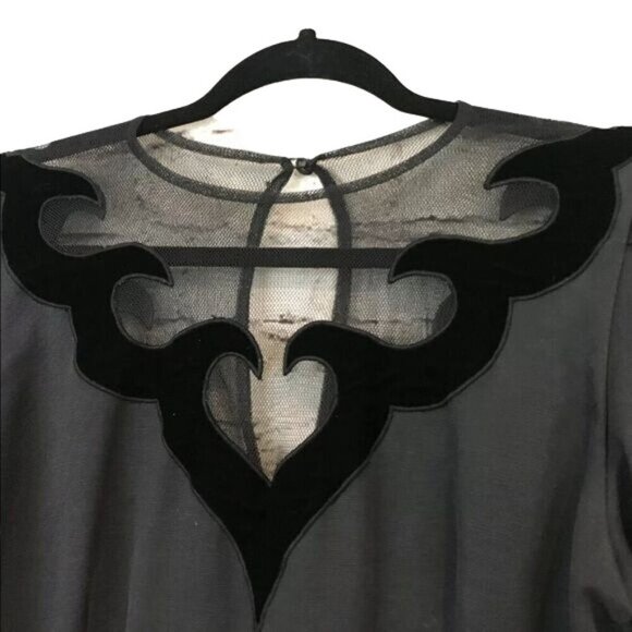 Isabel Allard Size 12 1980s Velvet Trim Puff Sleeve Tulip Dress Semi Sheer - Picture 5 of 8